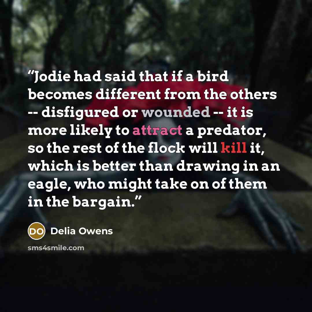 “Jodie had said that if a bird becomes different from the others -- disfigured or wounded -- it is more likely to attract a predator, so the rest of the flock will kill it, which is better than drawing in an eagle, who might take on of them in the bargain.” quote by Delia Owens