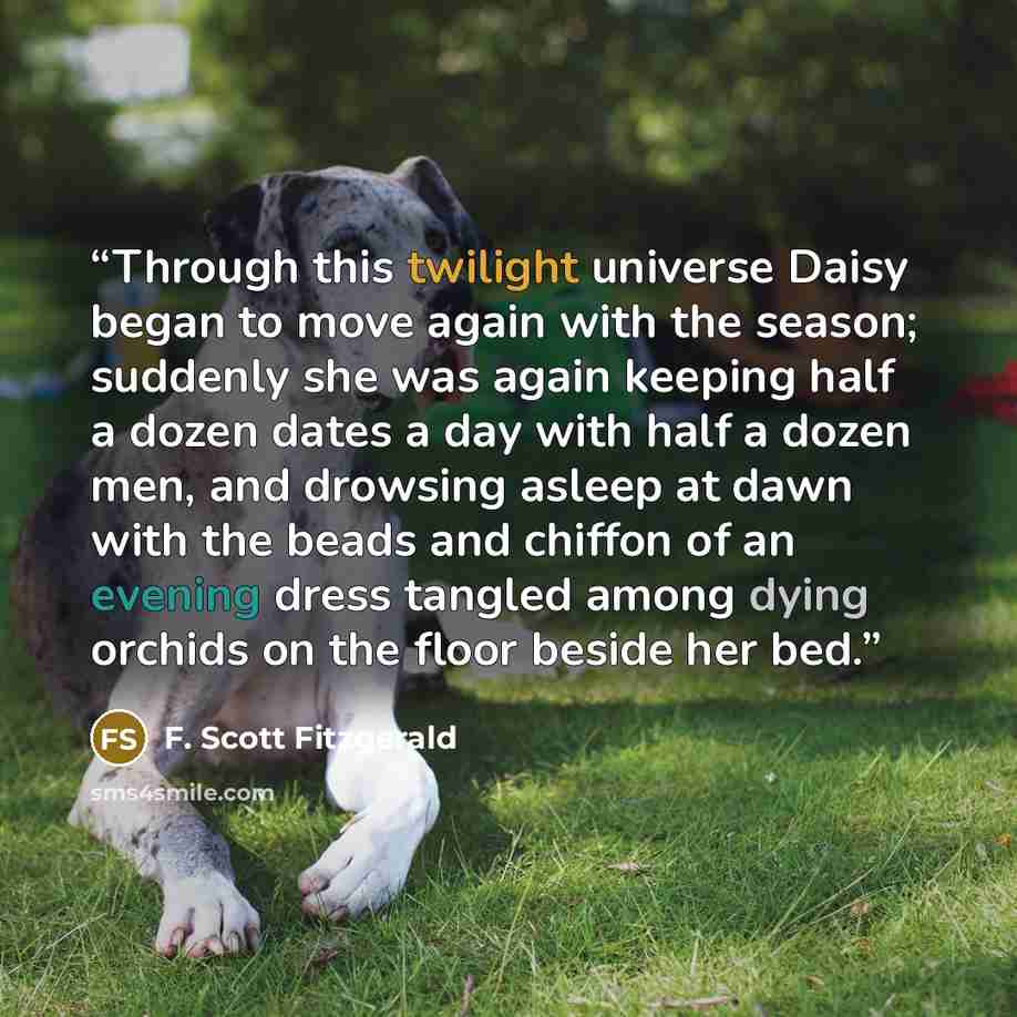 “Through this twilight universe Daisy began to move again with the season; suddenly she was again keeping half a dozen dates a day with half a dozen men, and drowsing asleep at dawn with the beads and chiffon of an evening dress tangled among dying orchids on the floor beside her bed.” quote by F. Scott Fitzgerald