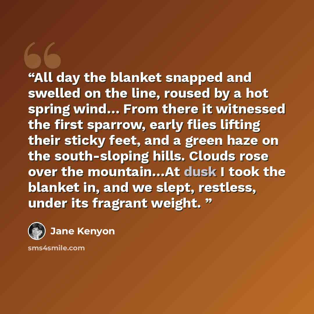 “All day the blanket snapped and swelled on the line, roused by a hot spring wind… From there it witnessed the first sparrow, early flies lifting their sticky feet, and a green haze on the south-sloping hills. Clouds rose over the mountain…At dusk I took the blanket in, and we slept, restless…” quote by Jane Kenyon