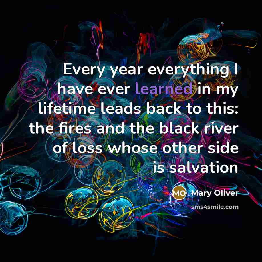 “Every year everything I have ever learned in my lifetime leads back to this: the fires and the black river of loss whose other side is salvation” quote by Mary Oliver