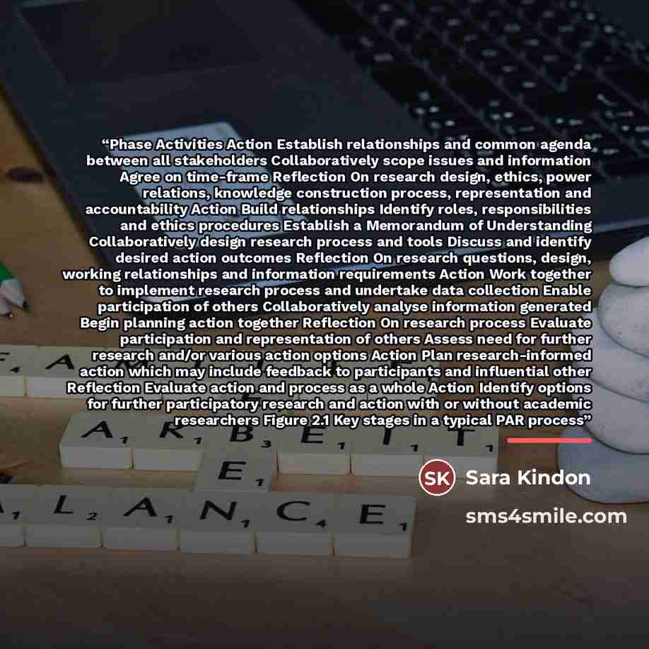 “Phase Activities Action Establish relationships and common agenda between all stakeholders Collaboratively scope issues and information Agree on time-frame Reflection On research design, ethics, power relations, knowledge construction process, representation and accountability Action Build…” quote by Sara Kindon