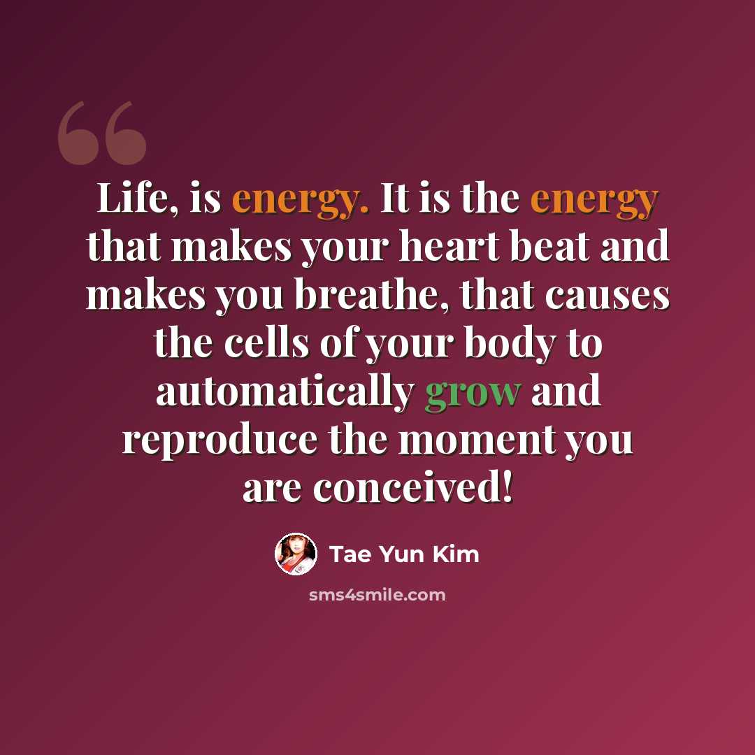 “Life, is energy. It is the energy that makes your heart beat and makes you breathe, that causes the cells of your body to automatically grow and reproduce the moment you are conceived!” quote by Tae Yun Kim