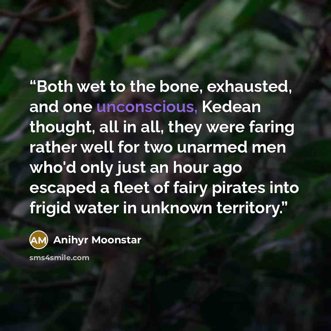 “Both wet to the bone, exhausted, and one unconscious, Kedean thought, all in all, they were faring rather well for two unarmed men who'd only just an hour ago escaped a fleet of fairy pirates into frigid water in unknown territory.” quote by Anihyr Moonstar