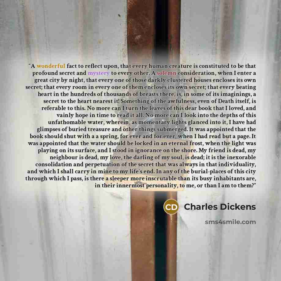 “A wonderful fact to reflect upon, that every human creature is constituted to be that profound secret and mystery to every other. A solemn consideration, when I enter a great city by night, that every one of those darkly clustered houses encloses its own secret; that every room in every one of…” quote by Charles Dickens