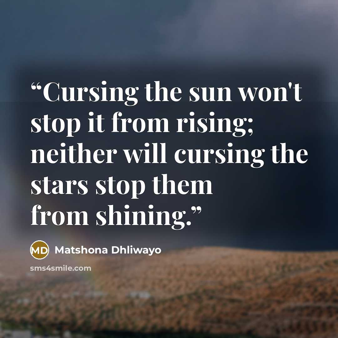 “Cursing the sun won't stop it from rising; neither will cursing the stars stop them from shining.” quote by Matshona Dhliwayo