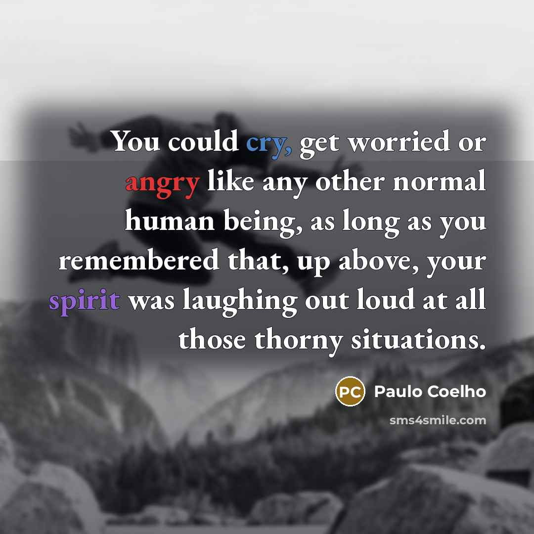 “You could cry, get worried or angry like any other normal human being, as long as you remembered that, up above, your spirit was laughing out loud at all those thorny situations.” quote by Paulo Coelho