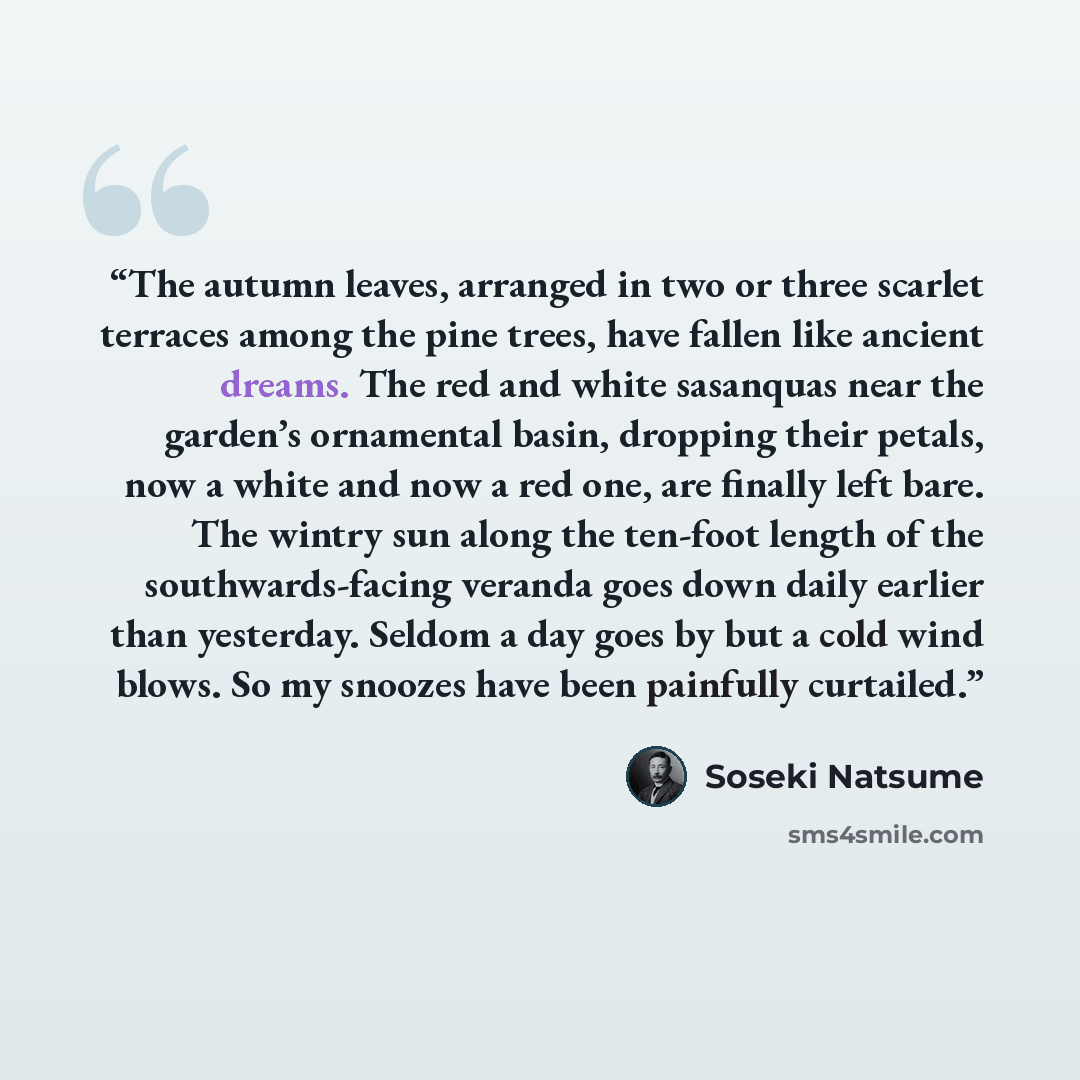 “The autumn leaves, arranged in two or three scarlet terraces among the pine trees, have fallen like ancient dreams. The red and white sasanquas near the garden’s ornamental basin, dropping their petals, now a white and now a red one, are finally left bare. The wintry sun along the ten-foot length…” quote by Sōseki Natsume