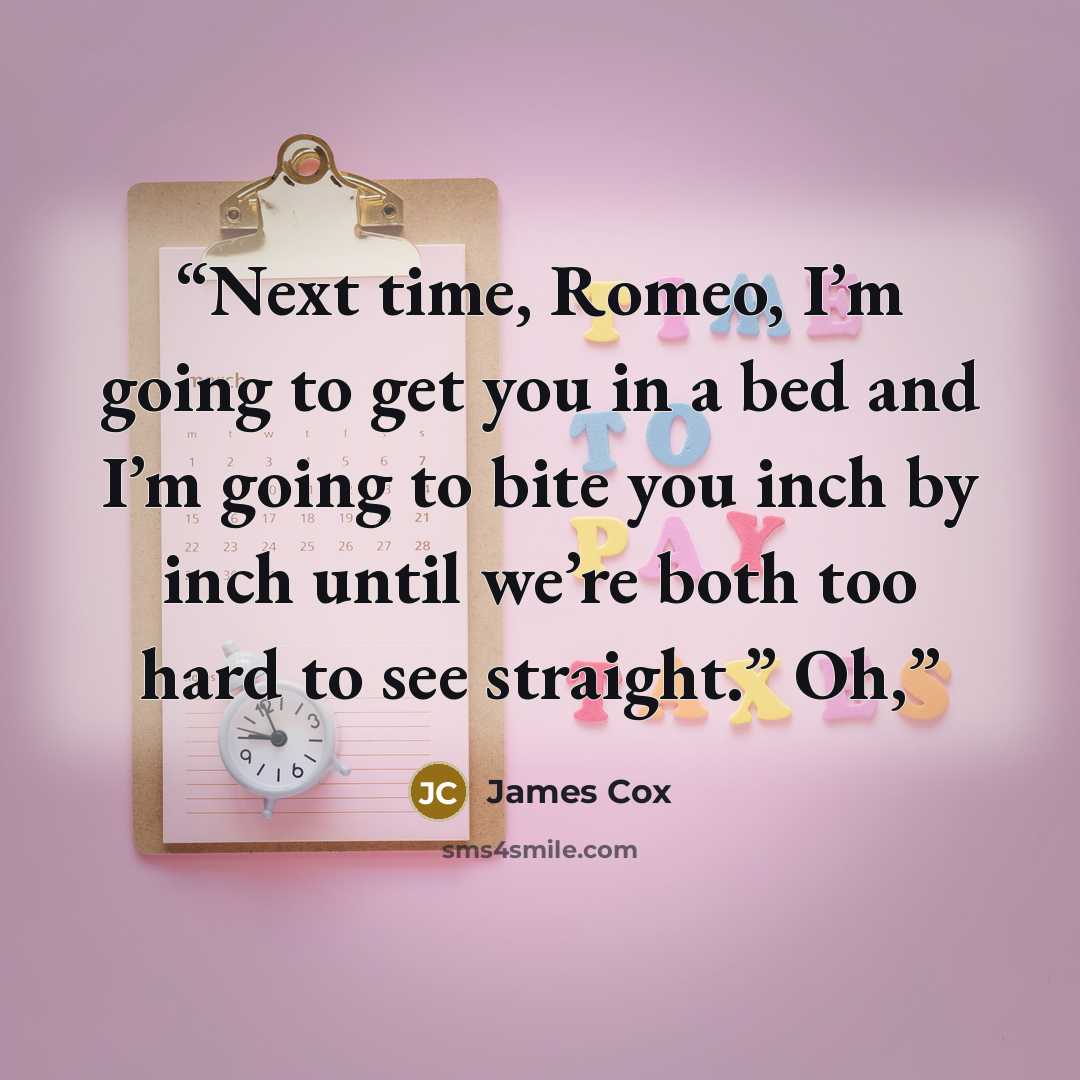“Next time, Romeo, I’m going to get you in a bed and I’m going to bite you inch by inch until we’re both too hard to see straight.” Oh,” quote by James Cox