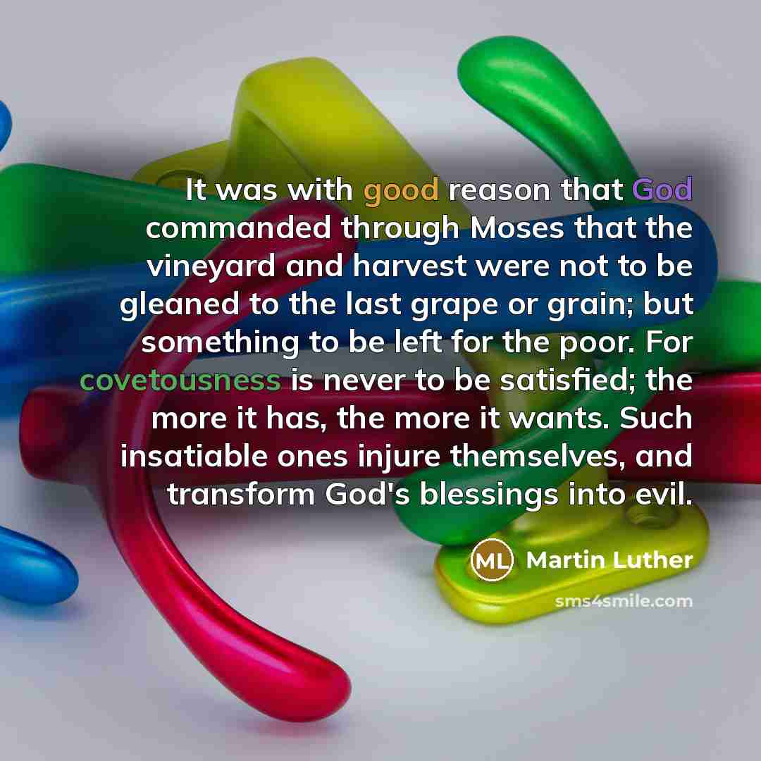 “It was with good reason that God commanded through Moses that the vineyard and harvest were not to be gleaned to the last grape or grain; but something to be left for the poor. For covetousness is never to be satisfied; the more it has, the more it wants. Such insatiable ones injure themselves…” quote by Martin Luther