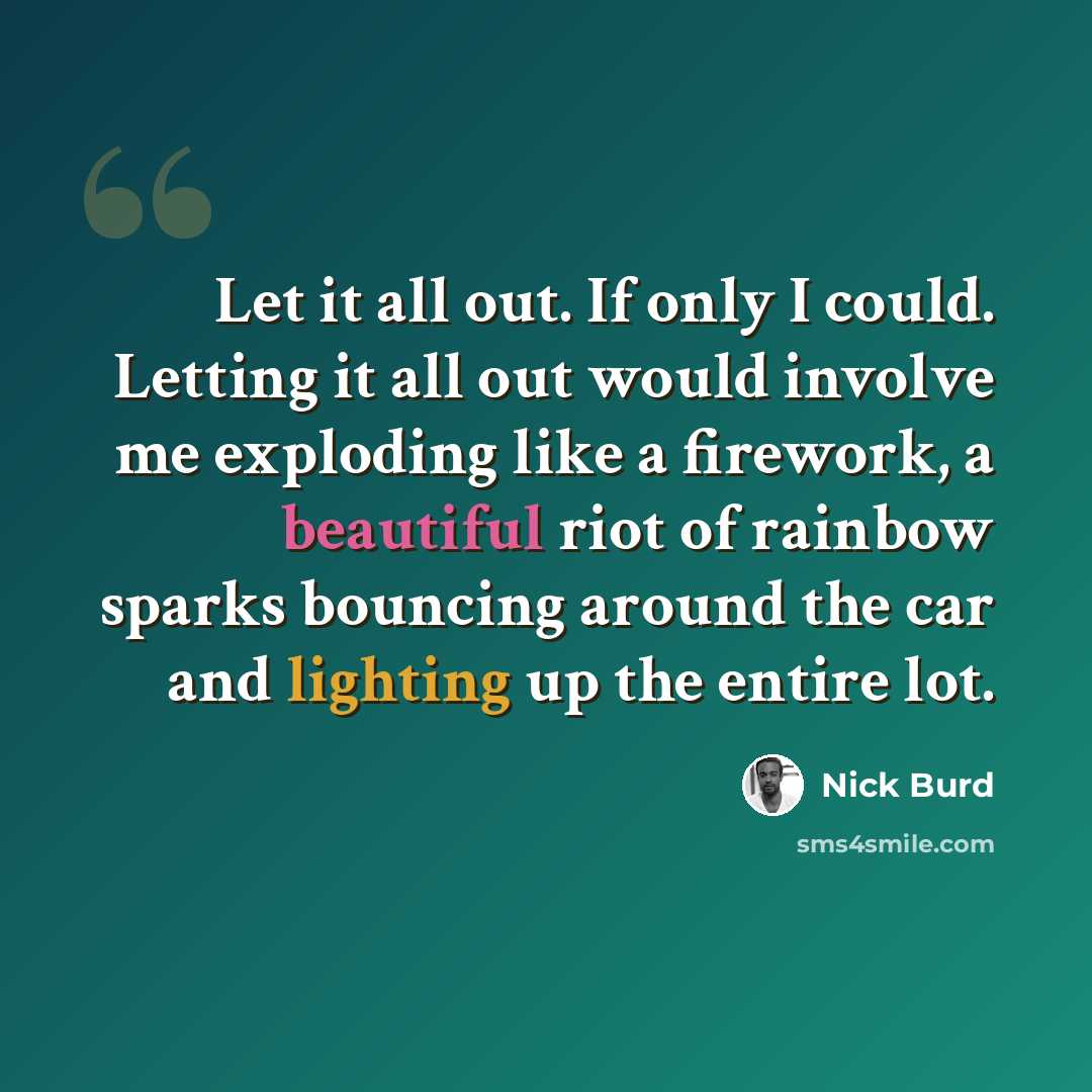 “Let it all out. If only I could. Letting it all out would involve me exploding like a firework, a beautiful riot of rainbow sparks bouncing around the car and lighting up the entire lot.” quote by Nick Burd