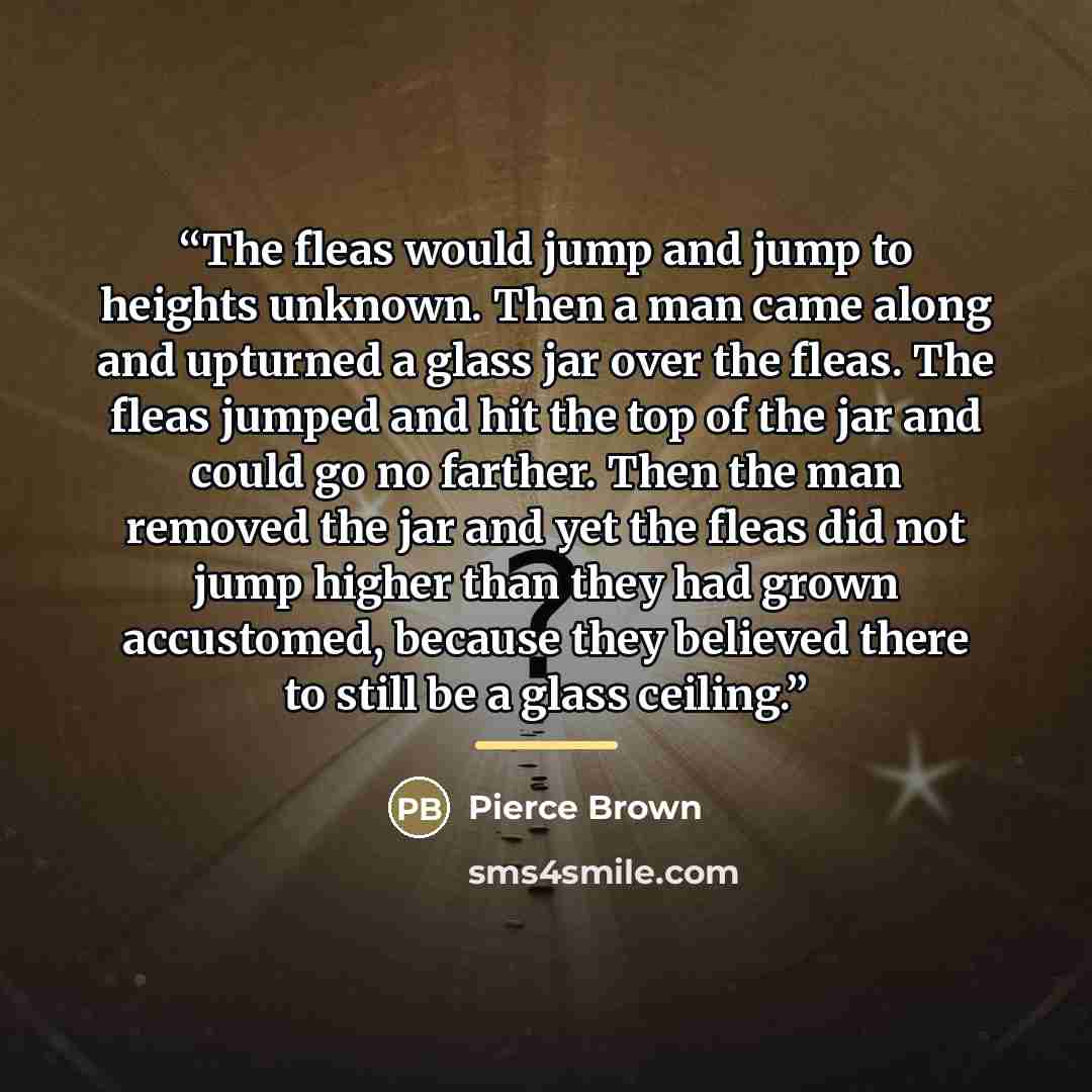 “The fleas would jump and jump to heights unknown. Then a man came along and upturned a glass jar over the fleas. The fleas jumped and hit the top of the jar and could go no farther. Then the man removed the jar and yet the fleas did not jump higher than they had grown accustomed, because they…” quote by Pierce Brown