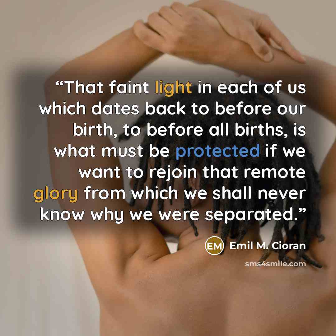 “That faint light in each of us which dates back to before our birth, to before all births, is what must be protected if we want to rejoin that remote glory from which we shall never know why we were separated.” quote by Emil M. Cioran