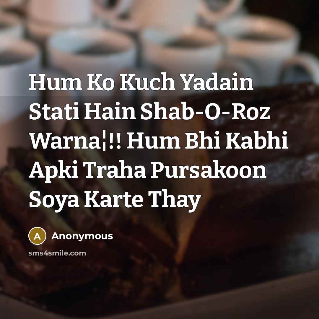 “Hum Ko Kuch Yadain Stati Hain Shab-O-Roz Warna¦!! Hum Bhi Kabhi Apki Traha Pursakoon Soya Karte Thay” quote by Anonymous