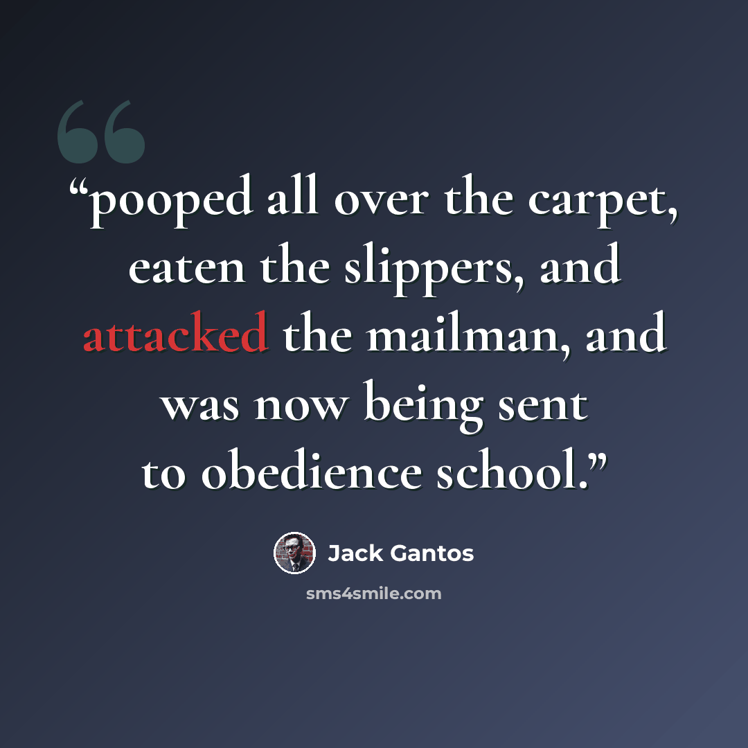 “pooped all over the carpet, eaten the slippers, and attacked the mailman, and was now being sent to obedience school.” quote by Jack Gantos