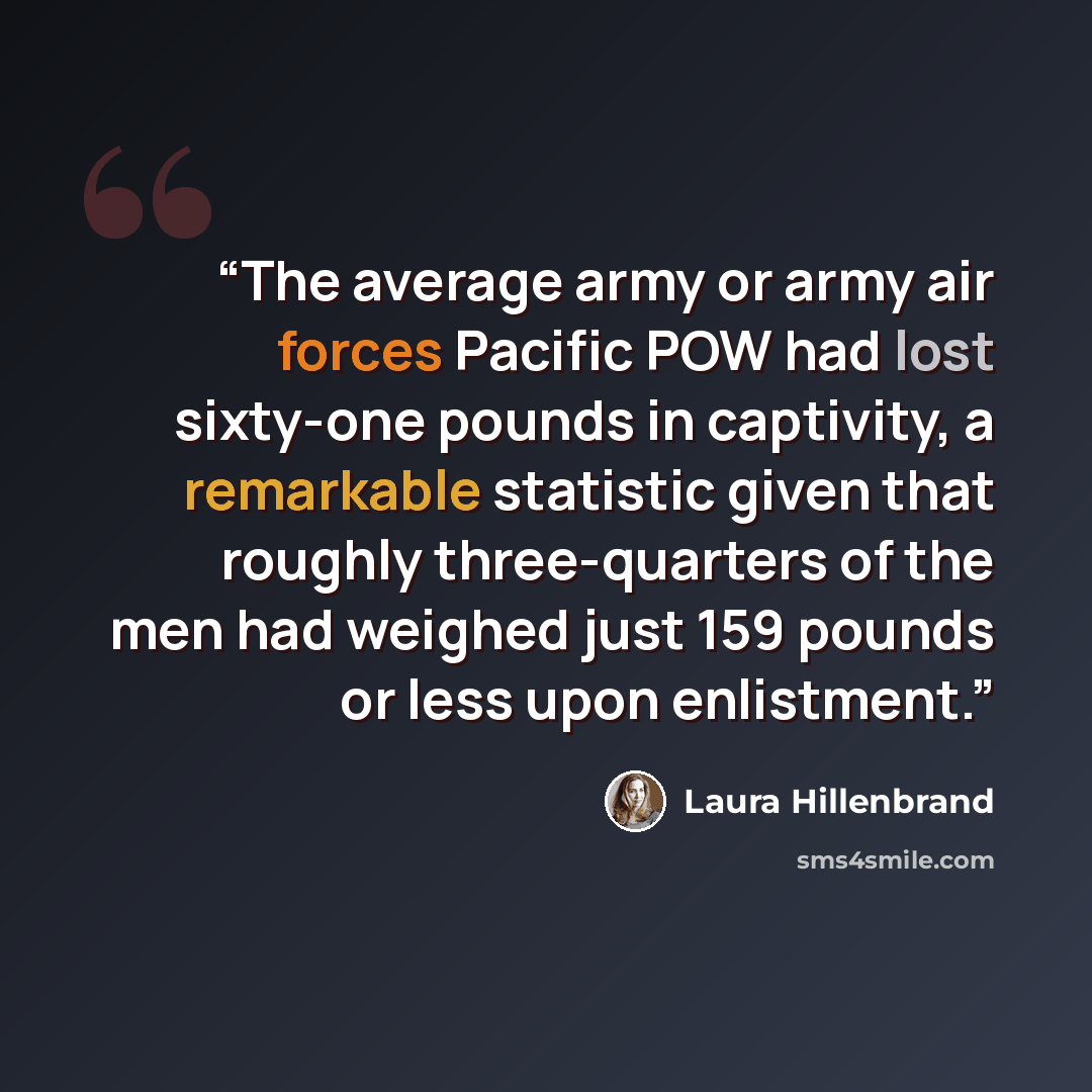“The average army or army air forces Pacific POW had lost sixty-one pounds in captivity, a remarkable statistic given that roughly three-quarters of the men had weighed just 159 pounds or less upon enlistment.” quote by Laura Hillenbrand