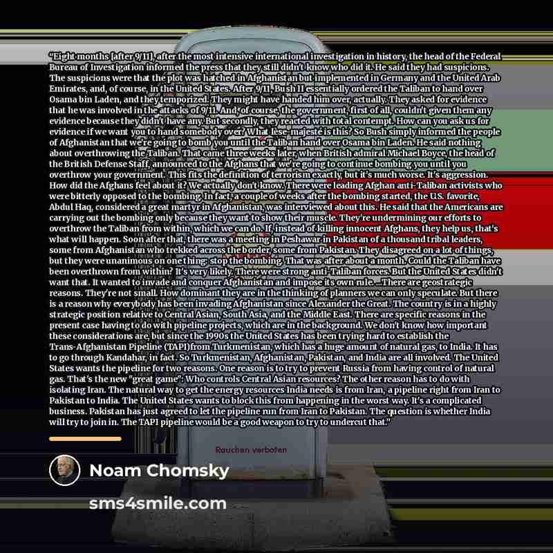 “Eight months [after 9/11], after the most intensive international investigation in history, the head of the Federal Bureau of Investigation informed the press that they still didn't know who did it. He said they had suspicions. The suspicions were that the plot was hatched in Afghanistan but…” quote by Noam Chomsky