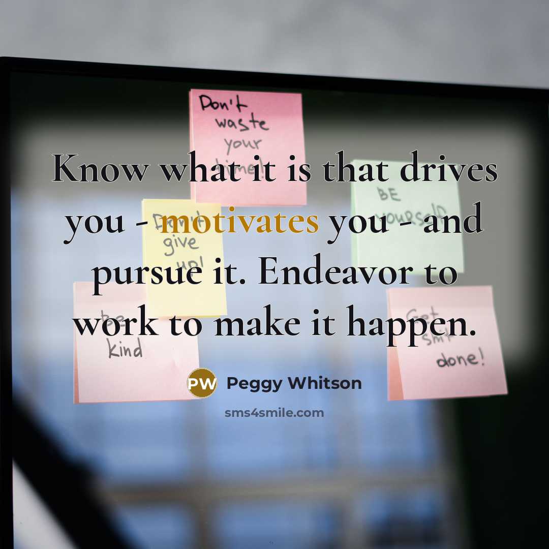“Know what it is that drives you - motivates you - and pursue it. Endeavor to work to make it happen.” quote by Peggy Whitson