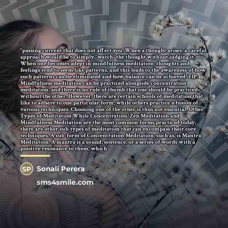 “passing current that does not affect you. When a thought arises, a careful approach would be to simply “watch” the thought without judging it. When one becomes adept in mindfulness meditation, thoughts and feelings tend to seem like patterns, and this leads to the awareness of how such patterns…” quote by Sonali Perera