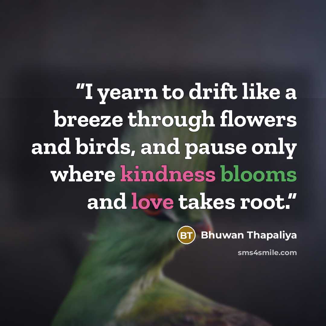 “I yearn to drift like a breeze through flowers and birds, and pause only where kindness blooms and love takes root.” quote by Bhuwan Thapaliya