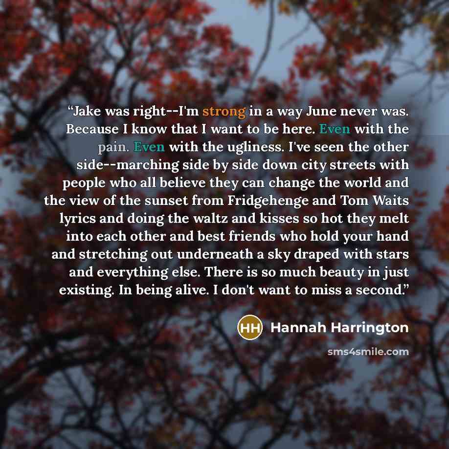 “Jake was right--I'm strong in a way June never was. Because I know that I want to be here. Even with the pain. Even with the ugliness. I've seen the other side--marching side by side down city streets with people who all believe they can change the world and the view of the sunset from Fridgehenge…” quote by Hannah Harrington