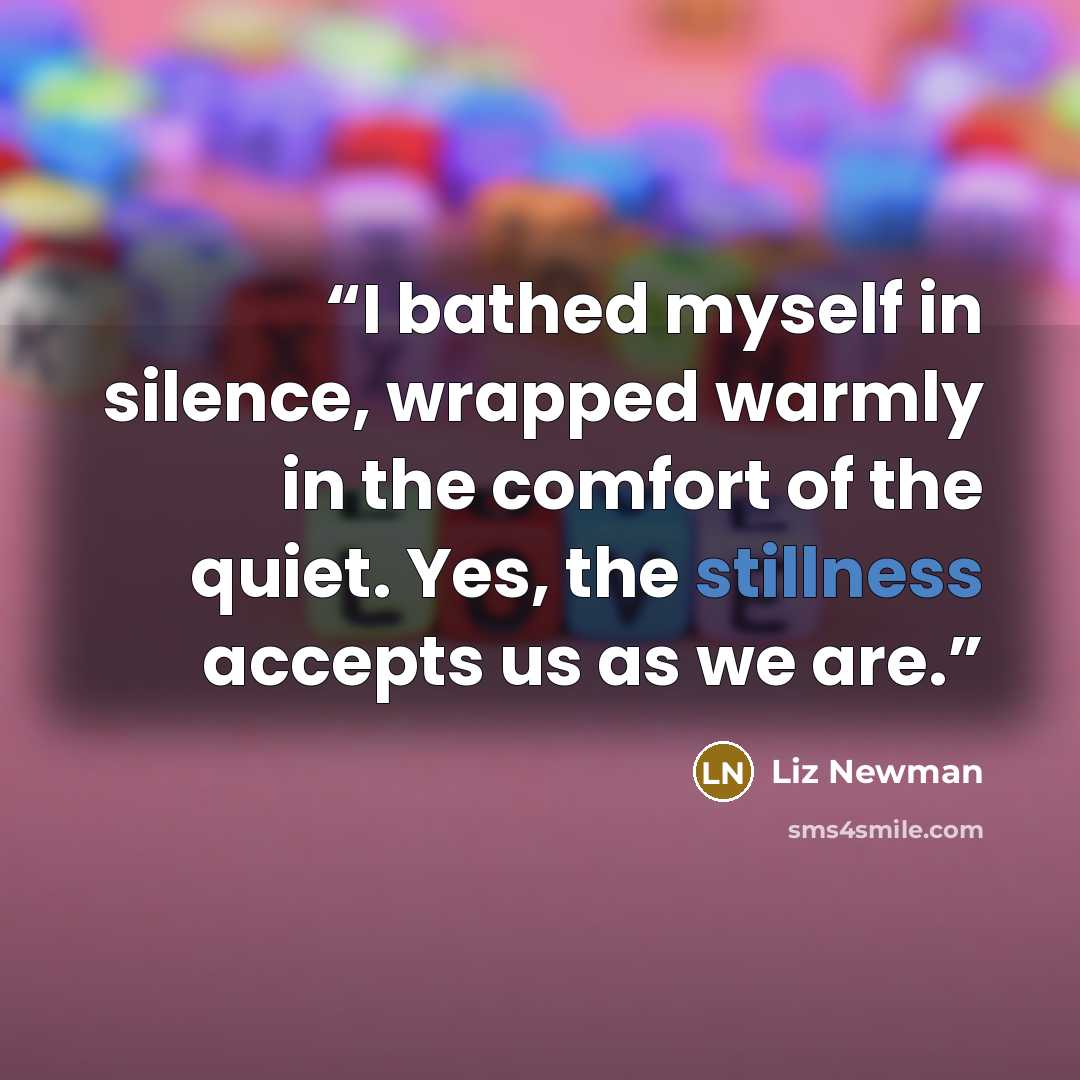 “I bathed myself in silence, wrapped warmly in the comfort of the quiet. Yes, the stillness accepts us as we are.” quote by Liz Newman