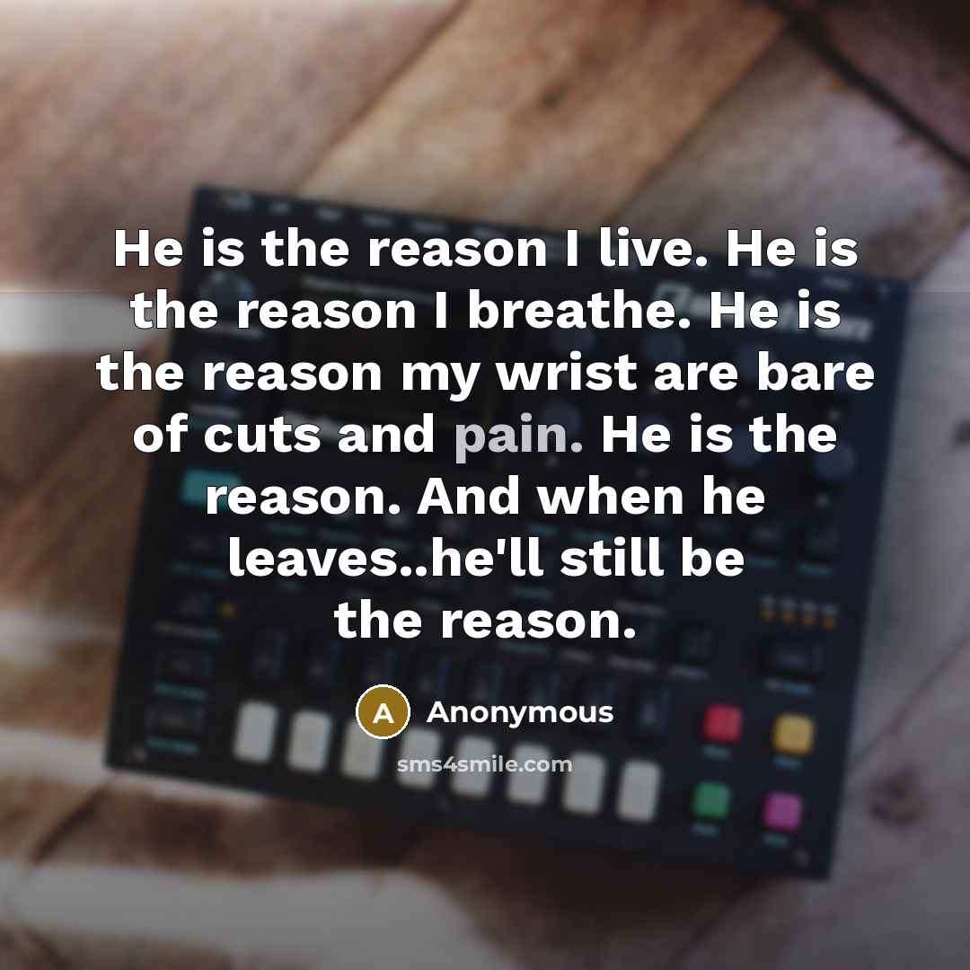 “He is the reason I live. He is the reason I breathe. He is the reason my wrist are bare of cuts and pain. He is the reason. And when he leaves..he'll still be the reason.” quote by Anonymous
