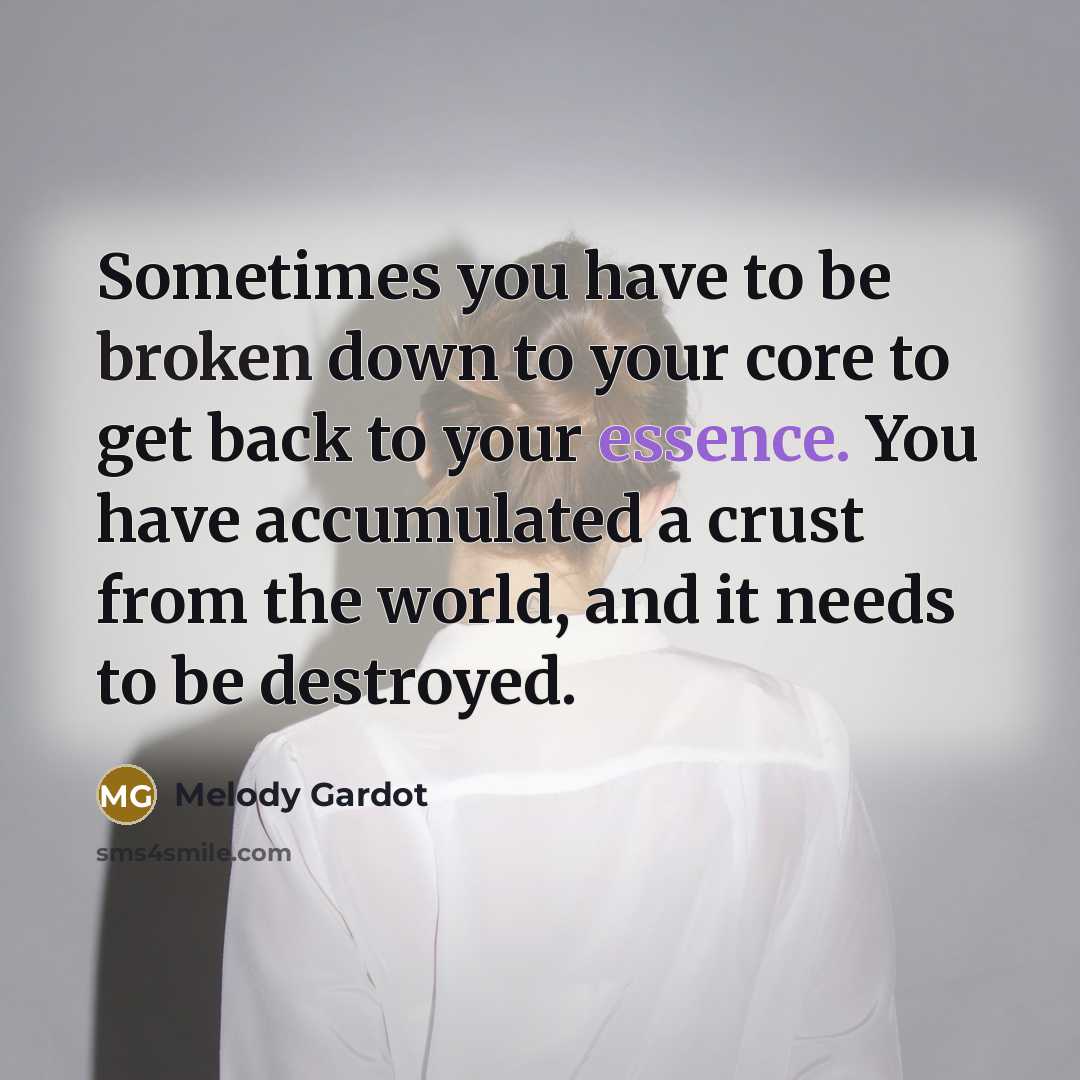 “Sometimes you have to be broken down to your core to get back to your essence. You have accumulated a crust from the world, and it needs to be destroyed.” quote by Melody Gardot