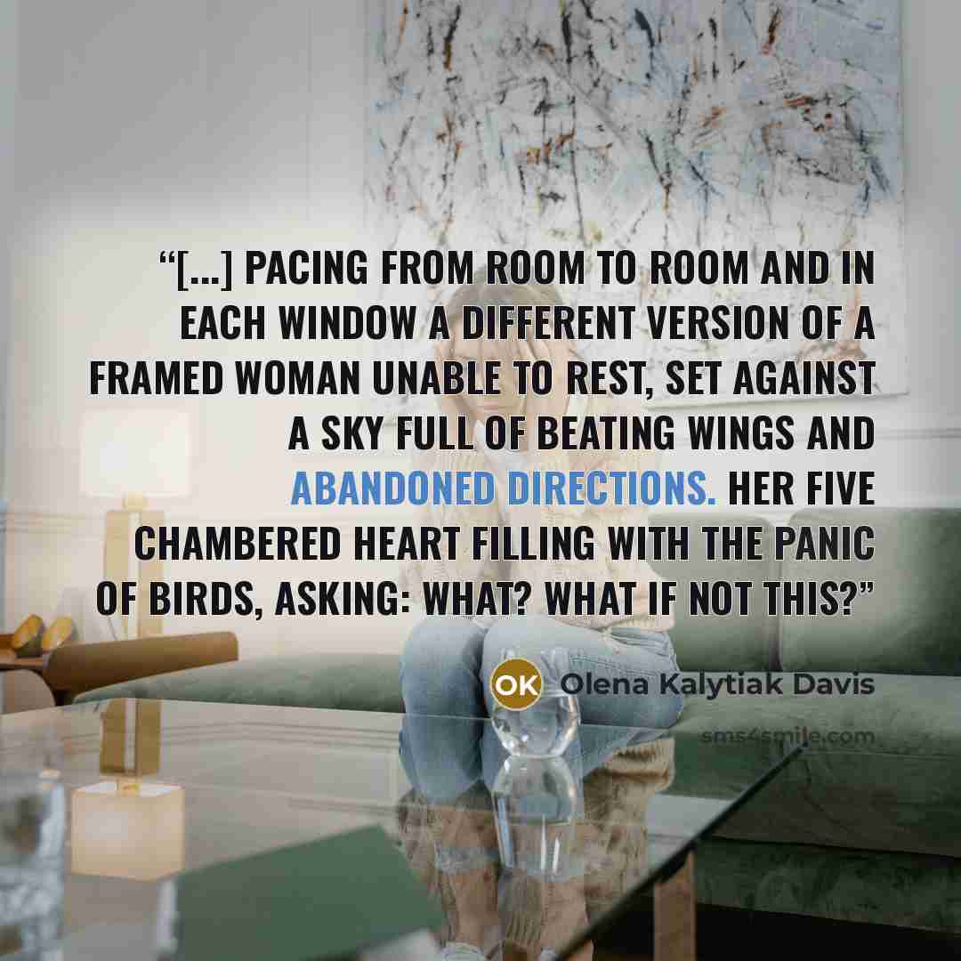 “[...] Pacing from room to room and in each window a different version of a framed woman unable to rest, set against a sky full of beating wings and abandoned directions. Her five chambered heart filling with the panic of birds, asking: What? What if not this?” quote by Olena Kalytiak Davis