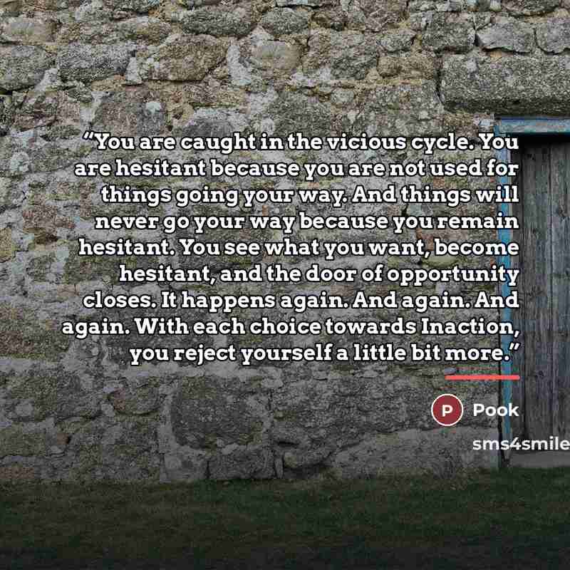 “You are caught in the vicious cycle. You are hesitant because you are not used for things going your way. And things will never go your way because you remain hesitant. You see what you want, become hesitant, and the door of opportunity closes. It happens again. And again. And again. With each…” quote by Pook