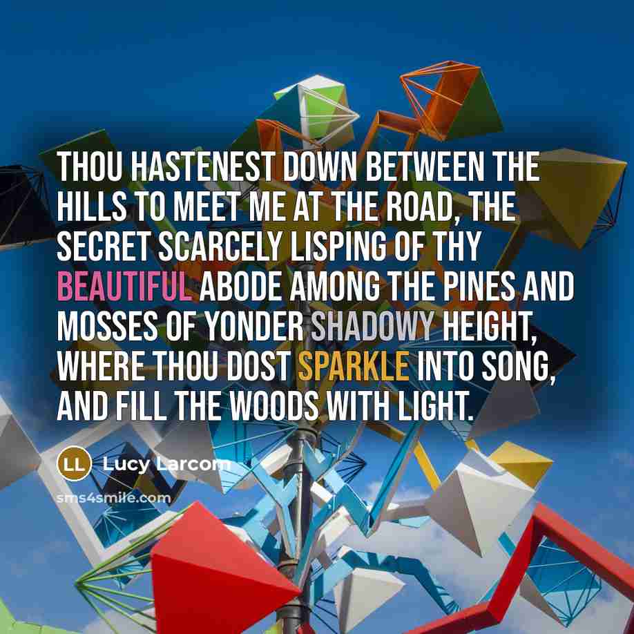 “Thou hastenest down between the hills to meet me at the road, The secret scarcely lisping of thy beautiful abode Among the pines and mosses of yonder shadowy height, Where thou dost sparkle into song, and fill the woods with light.” quote by Lucy Larcom