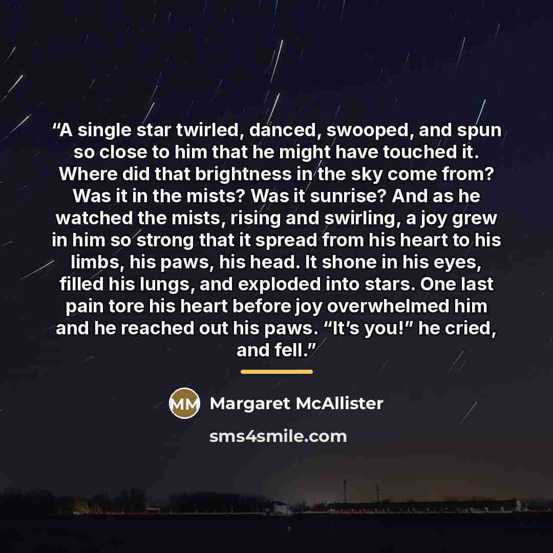 “A single star twirled, danced, swooped, and spun so close to him that he might have touched it. Where did that brightness in the sky come from? Was it in the mists? Was it sunrise? And as he watched the mists, rising and swirling, a joy grew in him so strong that it spread from his heart to his…” quote by Margaret McAllister