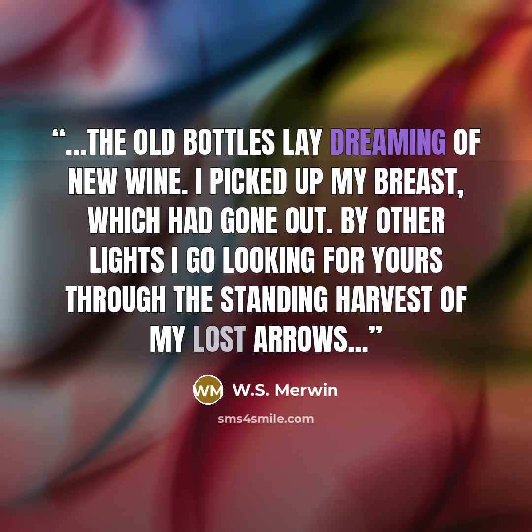 “...The old bottles lay dreaming of new wine. I picked up my breast, which had gone out. By other lights I go looking for yours Through the standing harvest of my lost arrows...” quote by W.S. Merwin