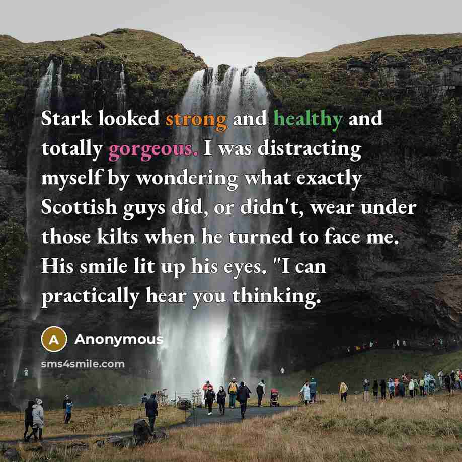 “Stark looked strong and healthy and totally gorgeous. I was distracting myself by wondering what exactly Scottish guys did, or didn't, wear under those kilts when he turned to face me. His smile lit up his eyes. "I can practically hear you thinking.” quote by Anonymous