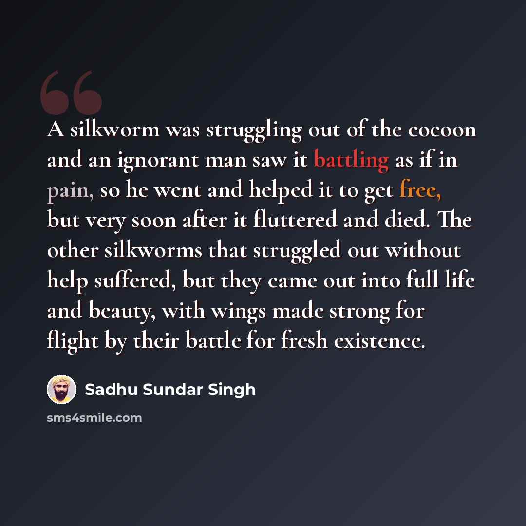 “A silkworm was struggling out of the cocoon and an ignorant man saw it battling as if in pain, so he went and helped it to get free, but very soon after it fluttered and died. The other silkworms that struggled out without help suffered, but they came out into full life and beauty, with wings made…” quote by Sadhu Sundar Singh