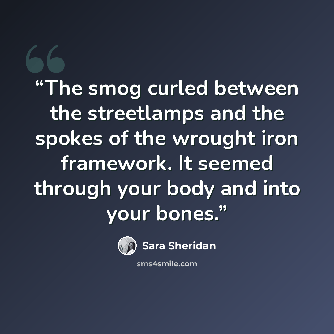 “The smog curled between the streetlamps and the spokes of the wrought iron framework. It seemed through your body and into your bones.” quote by Sara Sheridan