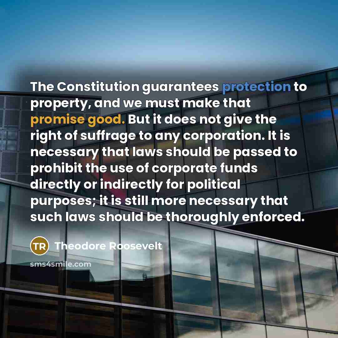 “The Constitution guarantees protection to property, and we must make that promise good. But it does not give the right of suffrage to any corporation. It is necessary that laws should be passed to prohibit the use of corporate funds directly or indirectly for political purposes; it is still more…” quote by Theodore Roosevelt