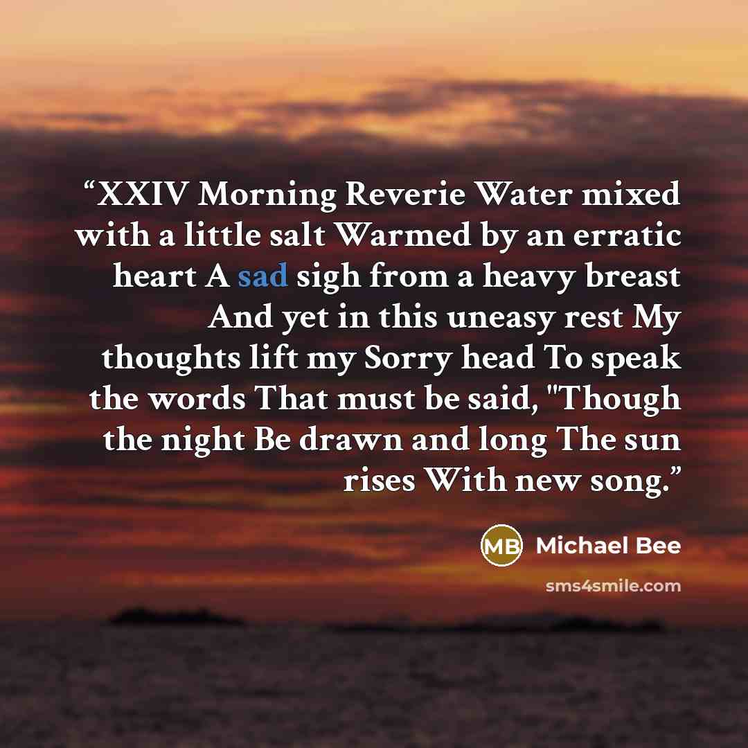 “XXIV Morning Reverie Water mixed with a little salt Warmed by an erratic heart A sad sigh from a heavy breast And yet in this uneasy rest My thoughts lift my Sorry head To speak the words That must be said, "Though the night Be drawn and long The sun rises With new song.” quote by Michael Bee