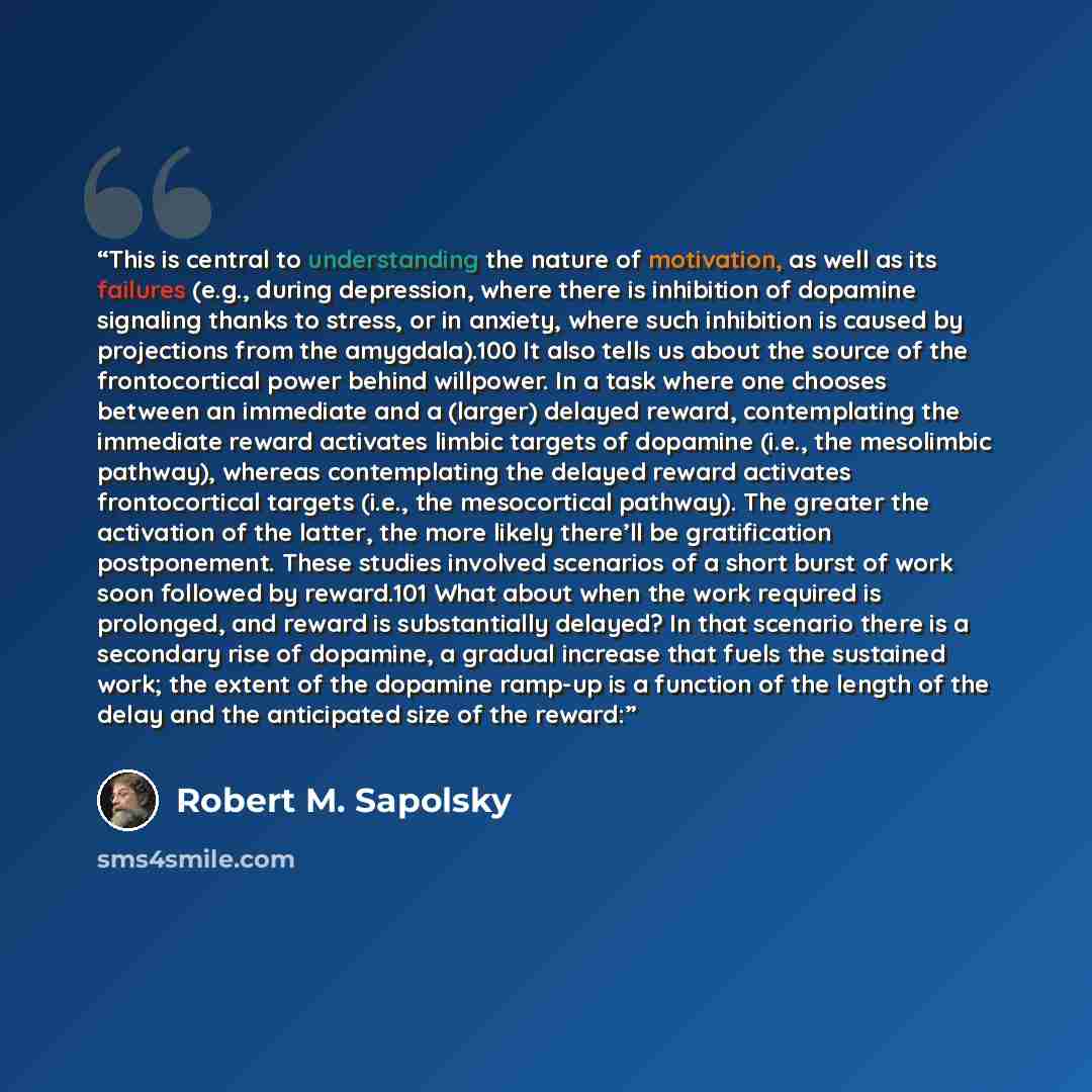 “This is central to understanding the nature of motivation, as well as its failures (e.g., during depression, where there is inhibition of dopamine signaling thanks to stress, or in anxiety, where such inhibition is caused by projections from the amygdala).100 It also tells us about the source of…” quote by Robert M. Sapolsky