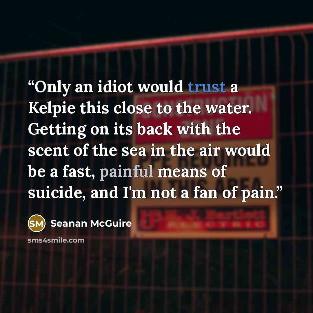 “Only an idiot would trust a Kelpie this close to the water. Getting on its back with the scent of the sea in the air would be a fast, painful means of suicide, and I'm not a fan of pain.” quote by Seanan McGuire