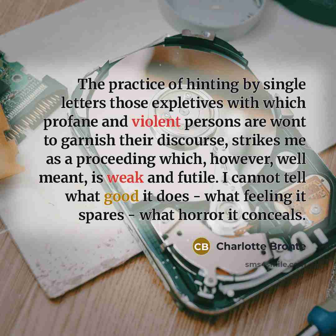 “The practice of hinting by single letters those expletives with which profane and violent persons are wont to garnish their discourse, strikes me as a proceeding which, however, well meant, is weak and futile. I cannot tell what good it does - what feeling it spares - what horror it conceals.” quote by Charlotte Bronte