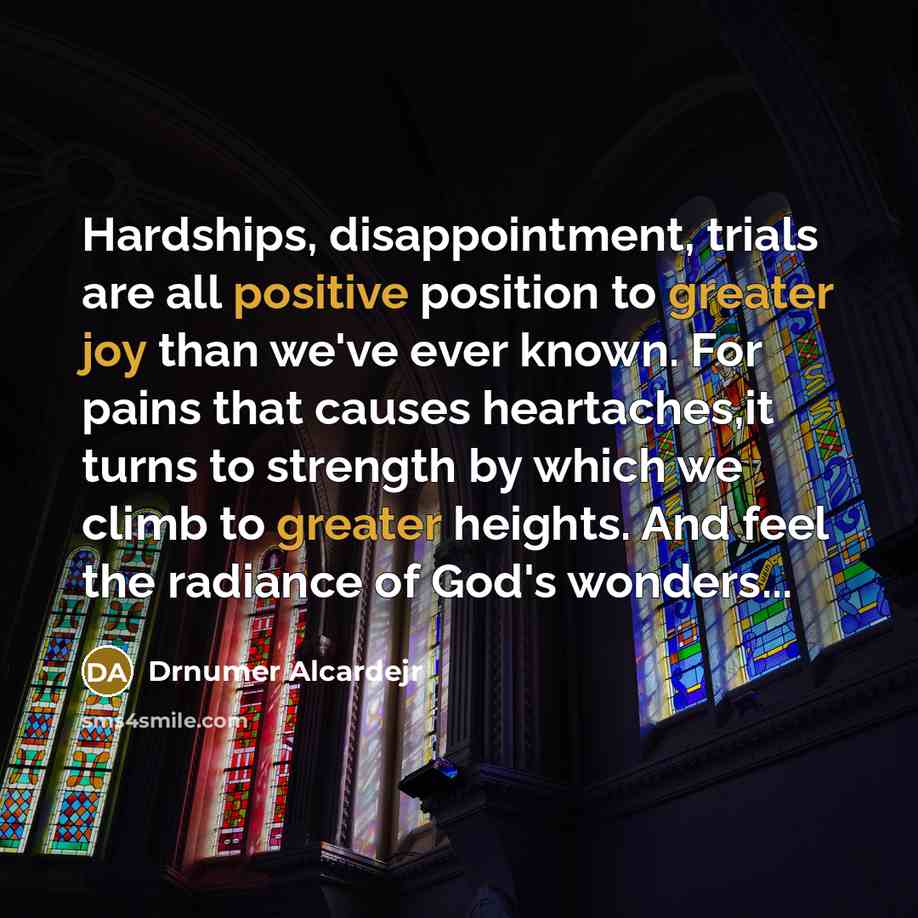“Hardships, disappointment, trials are all positive position to greater joy than we've ever known. For pains that causes heartaches,it turns to strength by which we climb to greater heights. And feel the radiance of God's wonders...” quote by Drnumer Alcardejr