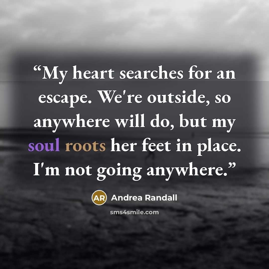 “My heart searches for an escape. We're outside, so anywhere will do, but my soul roots her feet in place. I'm not going anywhere.” quote by Andrea Randall