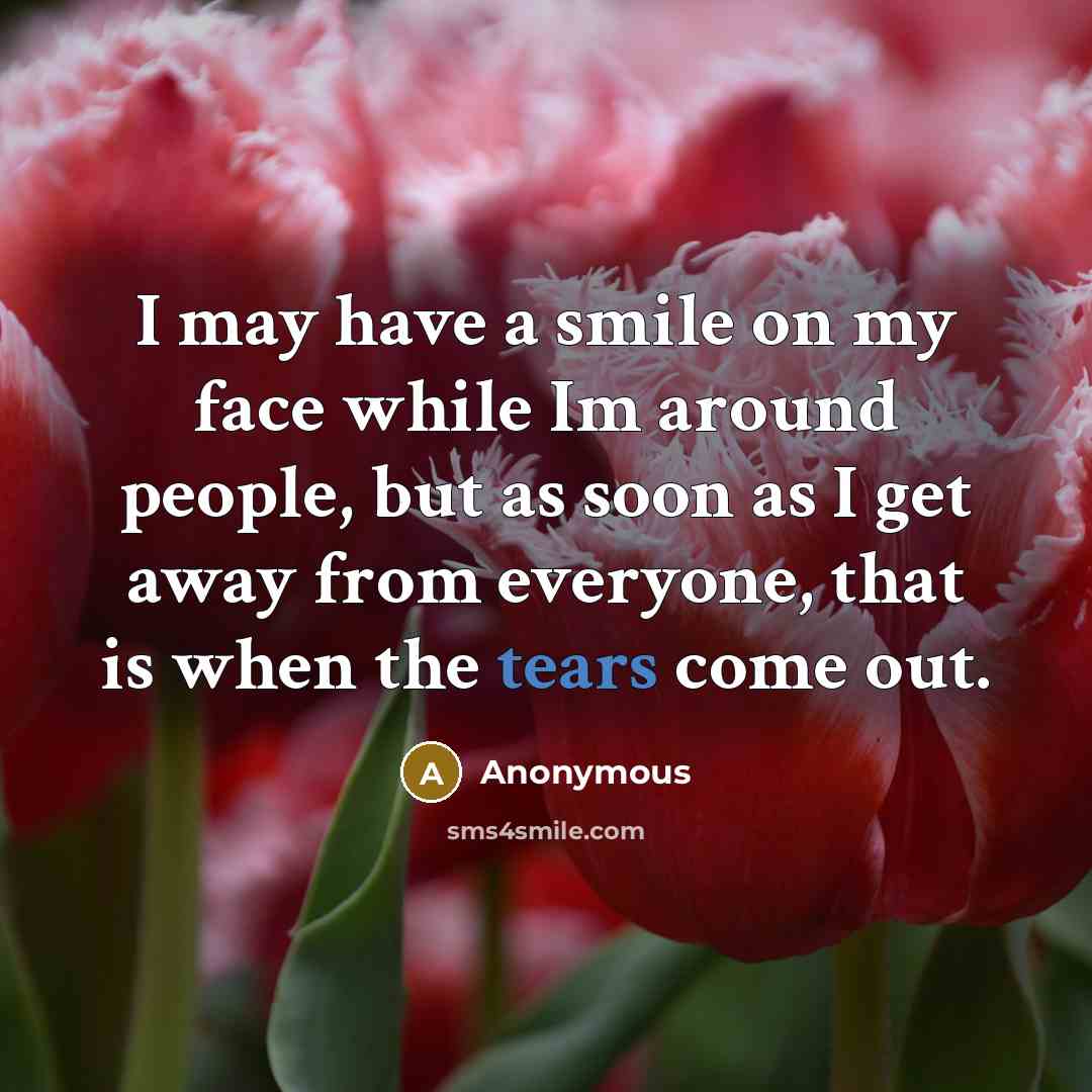 “I may have a smile on my face while Im around people, but as soon as I get away from everyone, that is when the tears come out.” quote by Anonymous