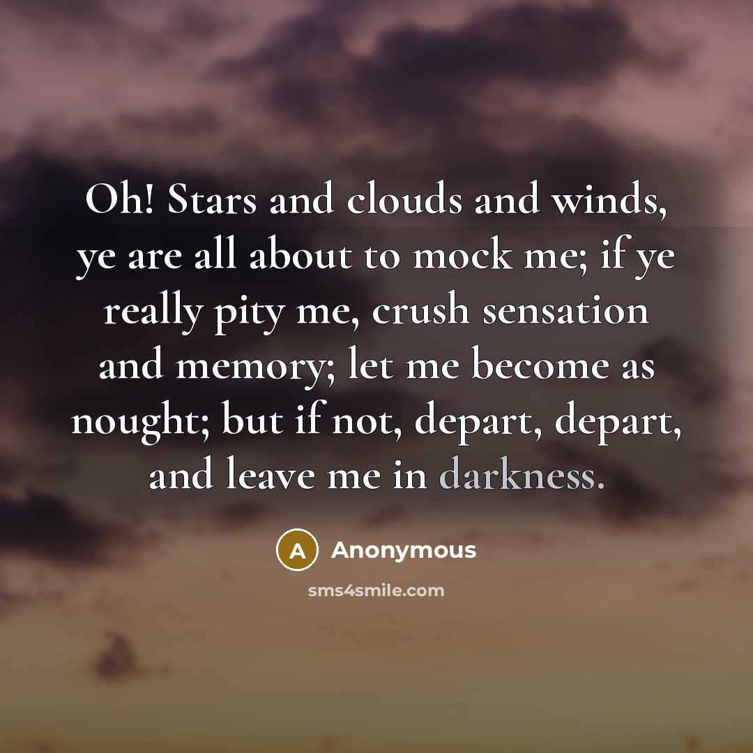 “Oh! Stars and clouds and winds, ye are all about to mock me; if ye really pity me, crush sensation and memory; let me become as nought; but if not, depart, depart, and leave me in darkness.” quote by Anonymous