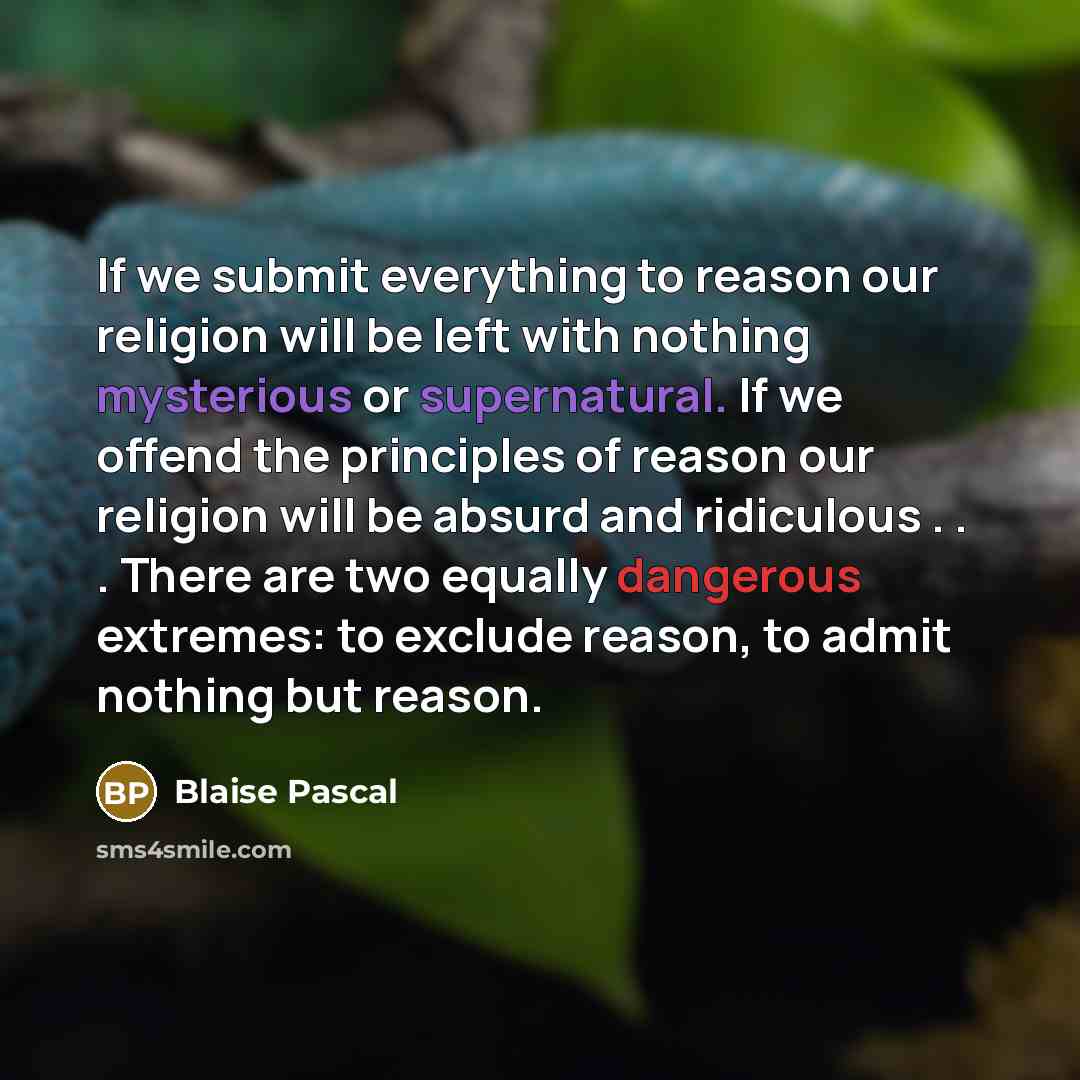 “If we submit everything to reason our religion will be left with nothing mysterious or supernatural. If we offend the principles of reason our religion will be absurd and ridiculous . . . There are two equally dangerous extremes: to exclude reason, to admit nothing but reason.” quote by Blaise Pascal