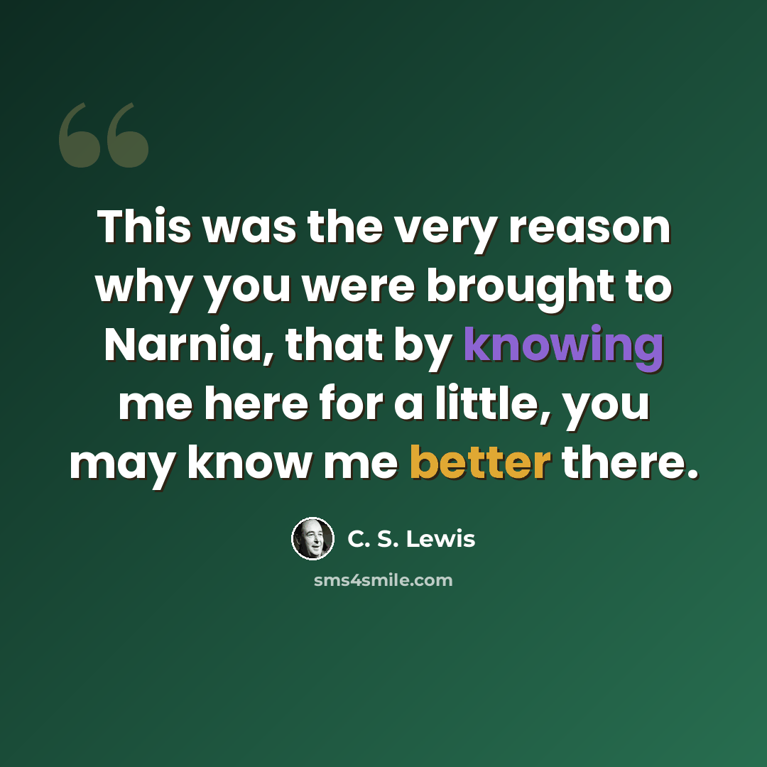 “This was the very reason why you were brought to Narnia, that by knowing me here for a little, you may know me better there.” quote by C. S. Lewis