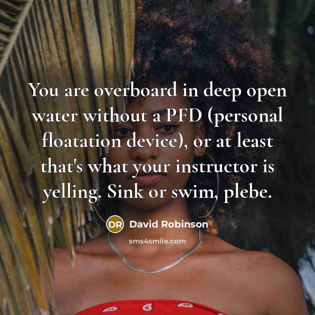 “You are overboard in deep open water without a PFD (personal floatation device), or at least that's what your instructor is yelling. Sink or swim, plebe.” quote by David Robinson