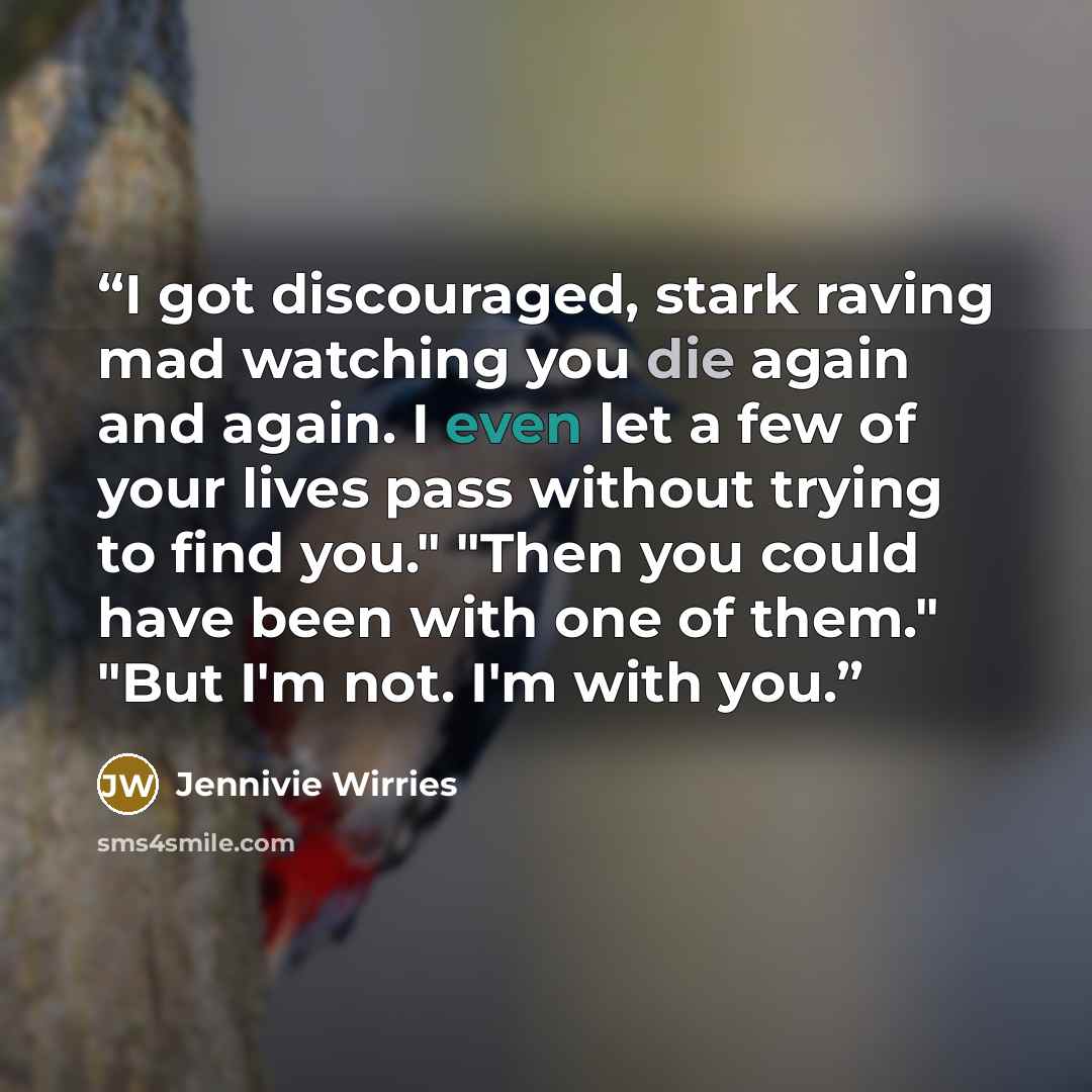 “I got discouraged, stark raving mad watching you die again and again. I even let a few of your lives pass without trying to find you." "Then you could have been with one of them." "But I'm not. I'm with you.” quote by Jennivie Wirries