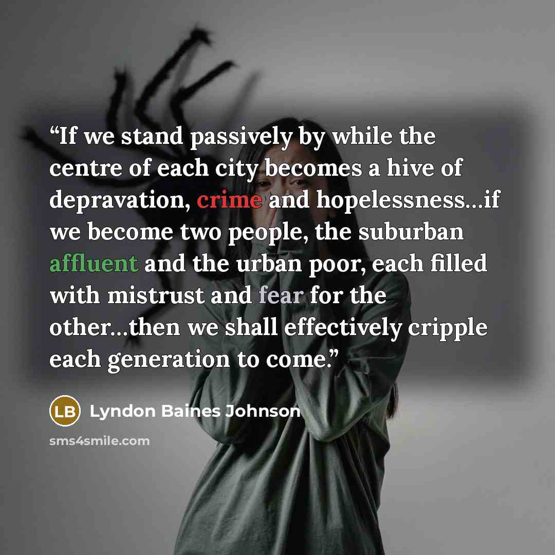 “If we stand passively by while the centre of each city becomes a hive of depravation, crime and hopelessness…if we become two people, the suburban affluent and the urban poor, each filled with mistrust and fear for the other…then we shall effectively cripple each generation to come.” quote by Lyndon Baines Johnson
