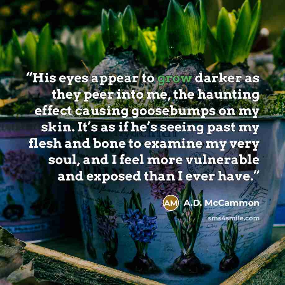 “His eyes appear to grow darker as they peer into me, the haunting effect causing goosebumps on my skin. It’s as if he’s seeing past my flesh and bone to examine my very soul, and I feel more vulnerable and exposed than I ever have.” quote by A.D. McCammon